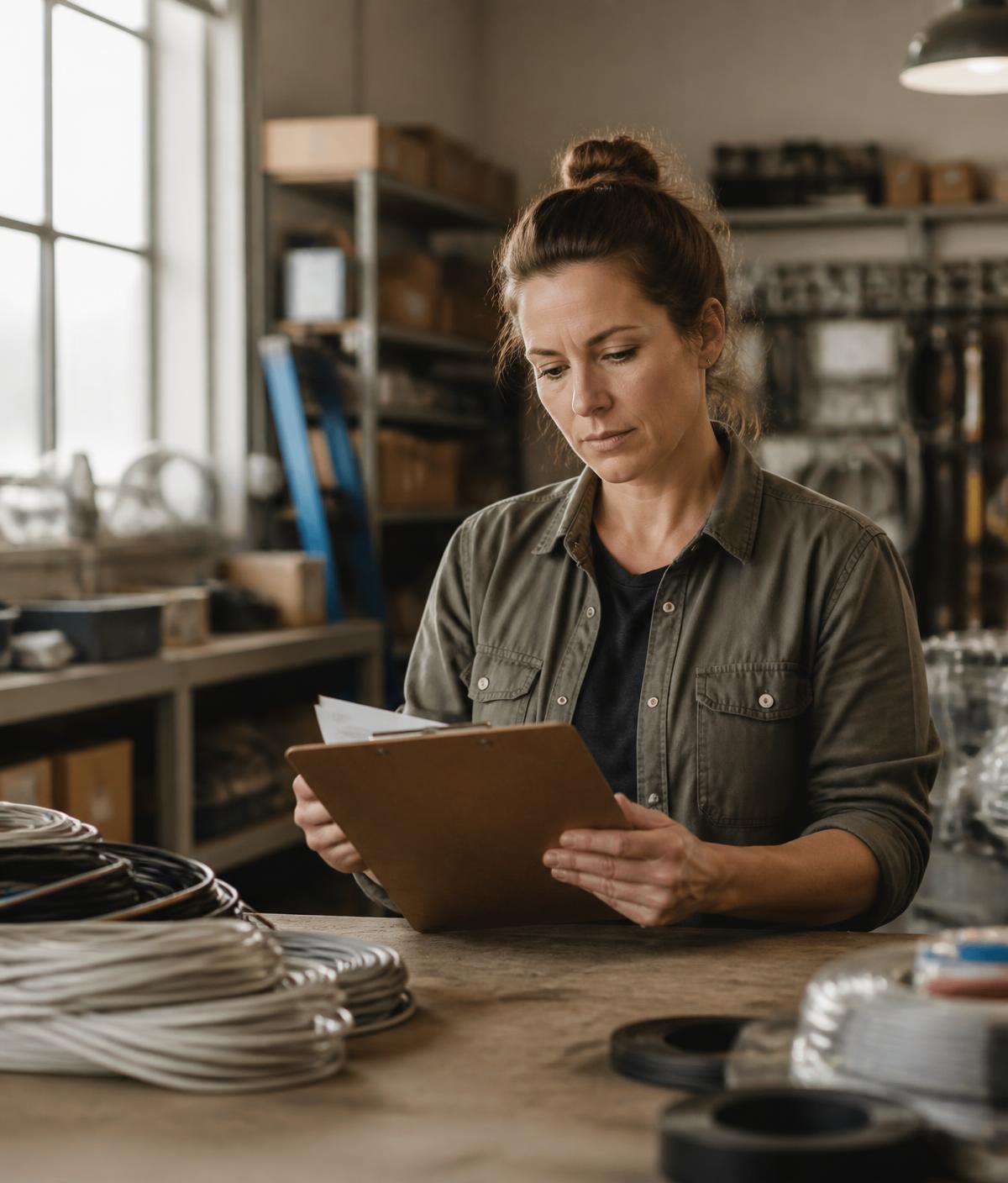 Business owner reviewing insurance paperwork in her equipment shop
